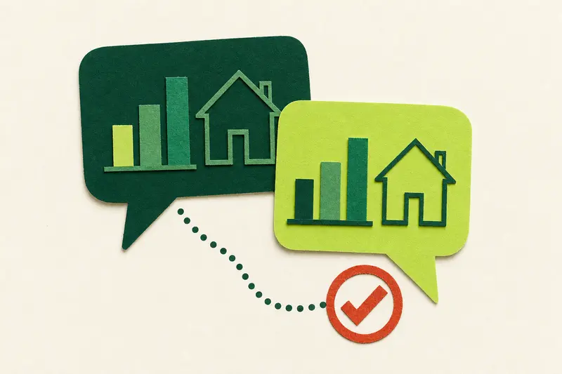 Two overlapping speech-bubble cards, each holding a bar chart and a house, joined by a dotted path to an approval check
