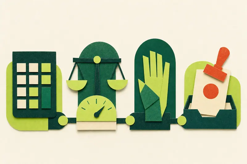 Paper-cut illustration of four connected stations: a calculator keypad, a balance scale with a gauge, a raised paper hand and an inbox tray receiving a stamped folder